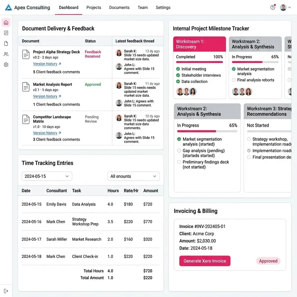 Consulting engagement management platform showing client portal and project dashboard