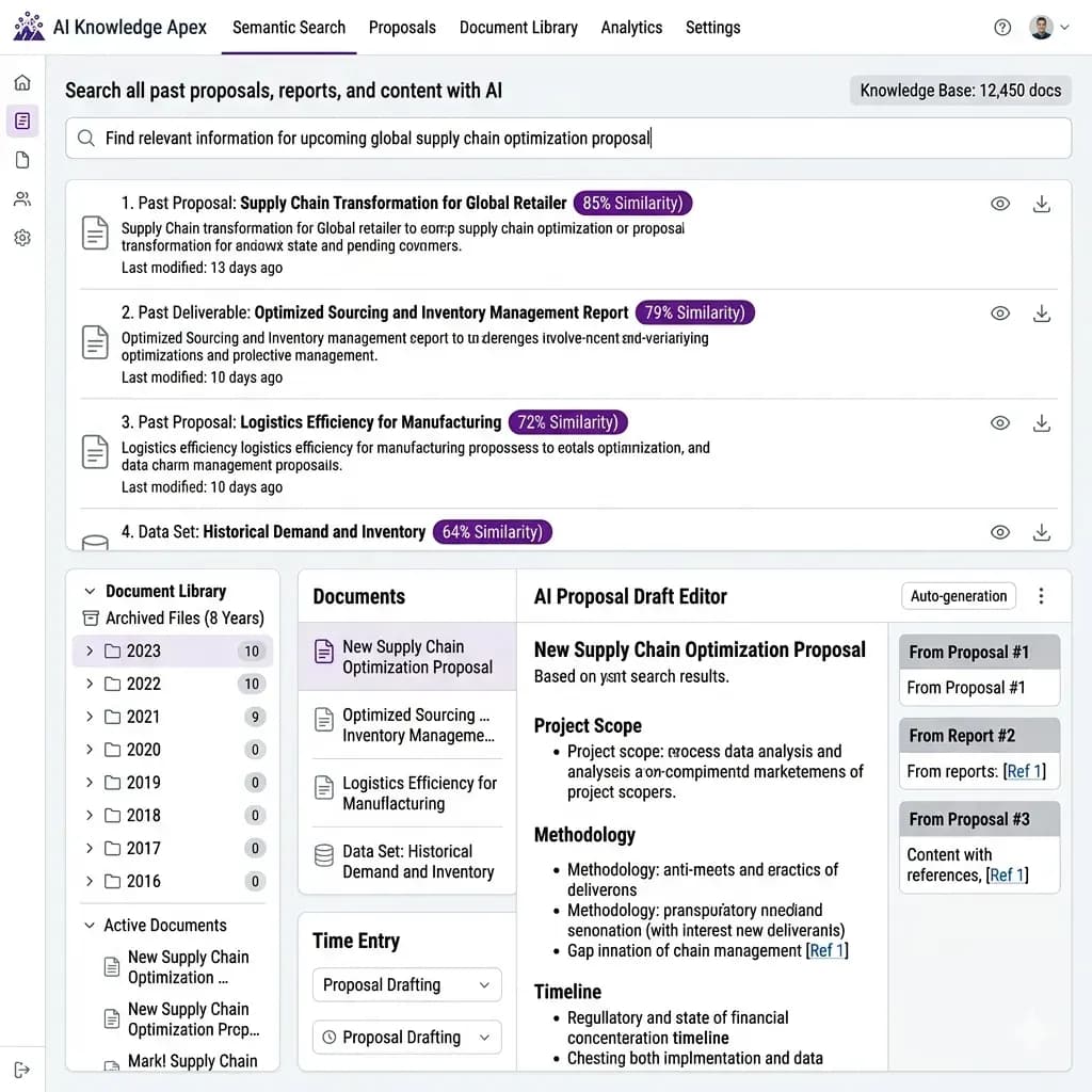 AI knowledge management platform for consulting firms showing semantic search and proposal generation