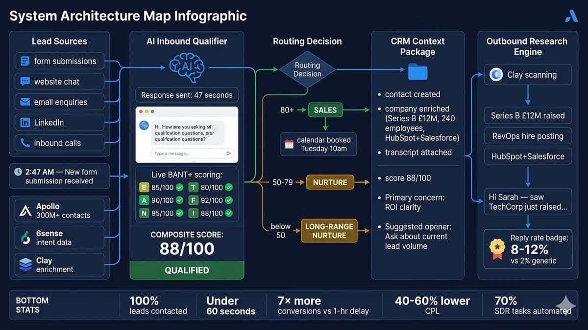 AI lead generation system architecture — 5 components, BANT+ scoring, inbound qualifier, and CRM routing