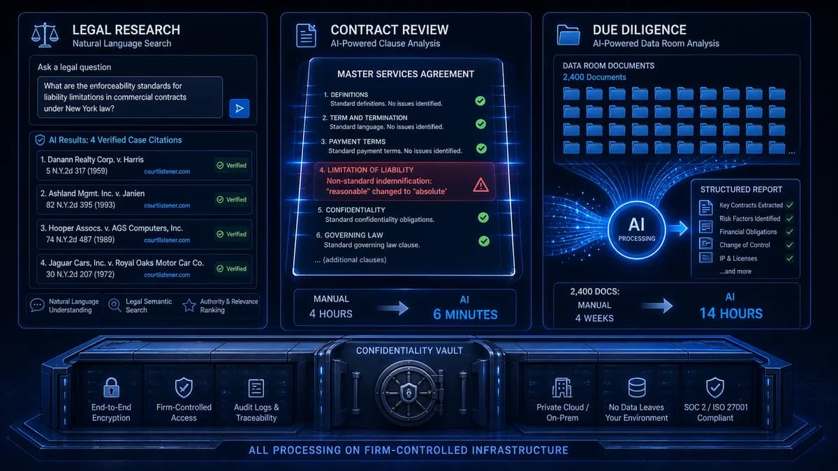 AI in legal — contract review and redlining, legal research RAG, due diligence automation, AI document drafting, and e-discovery for law firms in 2026