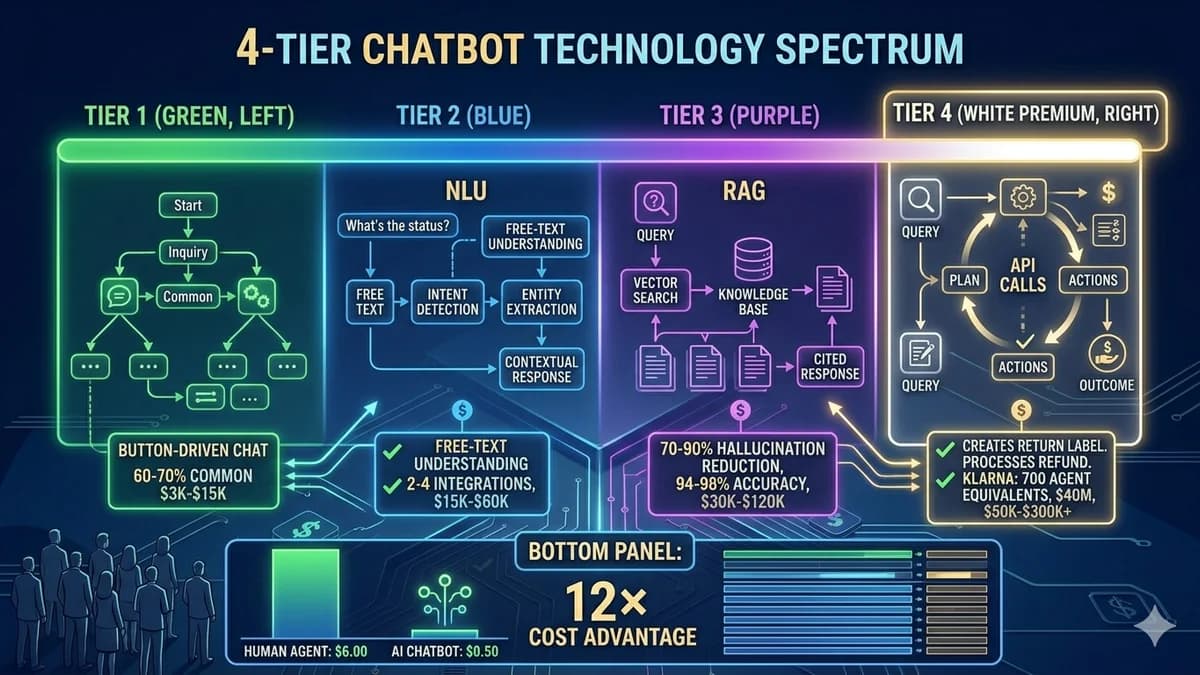 AI chatbot development in 2026 — 4 technology tiers, chatbot vs AI agent distinction, platform vs custom build decision, hidden cost line items, 5-question scope test, and per-industry chatbot ROI benchmarks