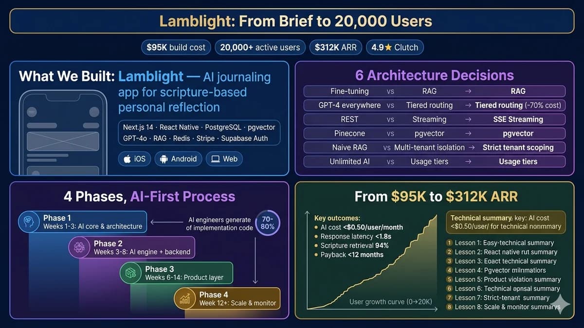 Lamblight case study — how Automely built a 20,000-user scripture-based AI journaling SaaS product for $95,000 using an AI-first development process, with the 6 architecture decisions that determined the outcome (RAG over fine-tuning, tiered GPT-4o Mini and Full model routing, SSE streaming versus REST, pgvector versus managed vector database, strict per-user tenant isolation in RAG retrieval, and tiered usage subscriptions versus flat-rate unlimited), the 4 build phases from architecture and AI core through production scale, the production AI journaling pipeline with 94% scripture retrieval precision, AI cost per active user under $0.50/month at 20K scale, $312K ARR within the first year of operation, and 8 production lessons covering RAG versus fine-tuning, model routing, evaluation before launch, heavy-user pricing, semantic chunking, streaming as a UX decision, temperature configuration, and tenant isolation.