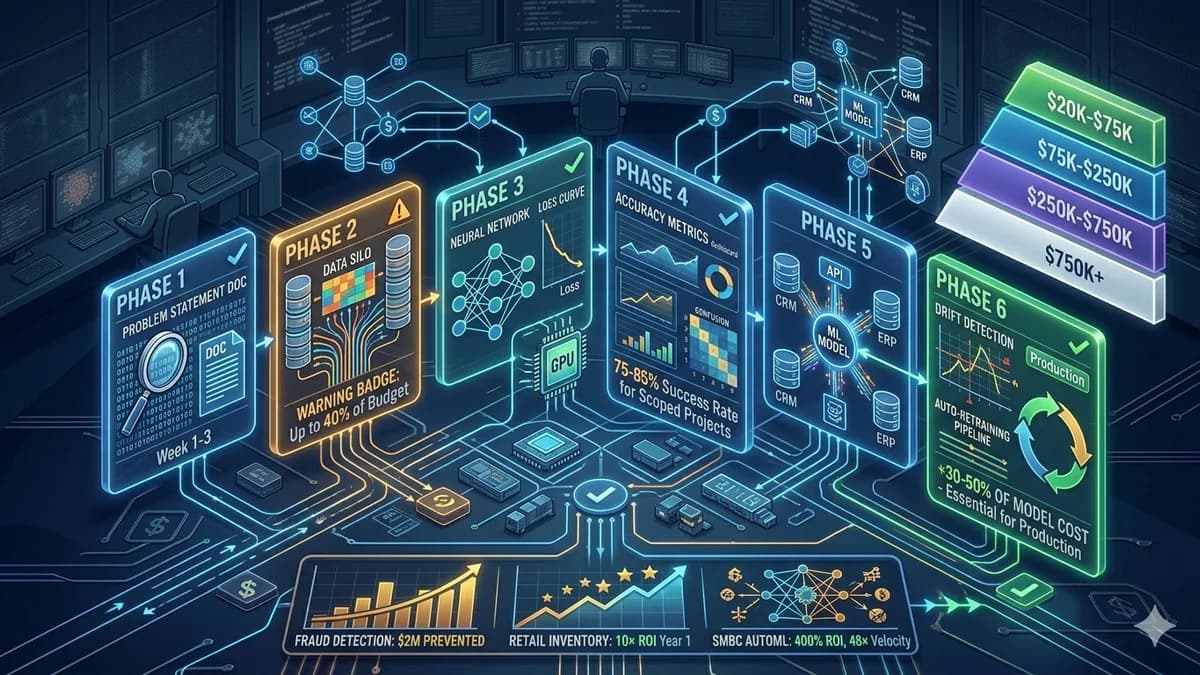 Machine learning development services in 2026 — 6 ML application types, 6 project phases, 4-tier cost framework, data readiness assessment, MLOps infrastructure, ROI by application type, and the 5-question scope test before commissioning any ML project