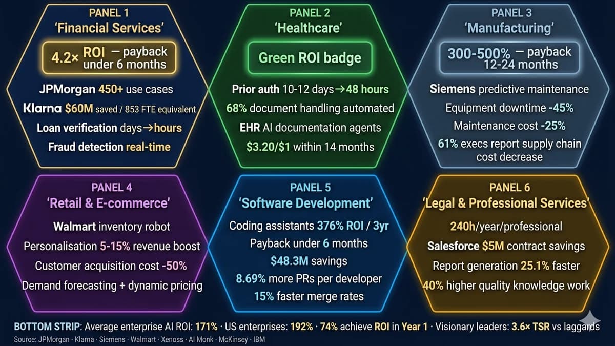 The real ROI of AI automation — case studies across six industries with named organisations and before-after data. Financial Services 4.2× ROI (JPMorgan 450+ use cases, Klarna $60M savings, Salesforce $5M legal savings). Healthcare $3.20 per $1 invested within 14 months. Manufacturing 300-500% from Siemens predictive maintenance with 45% downtime reduction. Retail Walmart inventory AI and DHL logistics with 50% lower customer acquisition cost. Software Development 376% ROI in three years with payback under 6 months. Legal 240 hours saved per professional per year.