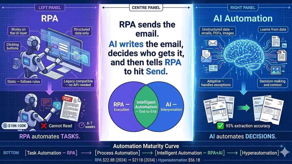 RPA vs AI automation — head-to-head comparison, intelligent automation, 5-question decision framework