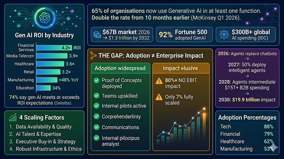 State of generative AI for business 2026 — 65% adoption, 4.2× ROI in financial services, 80% see no EBIT impact, and the path forward