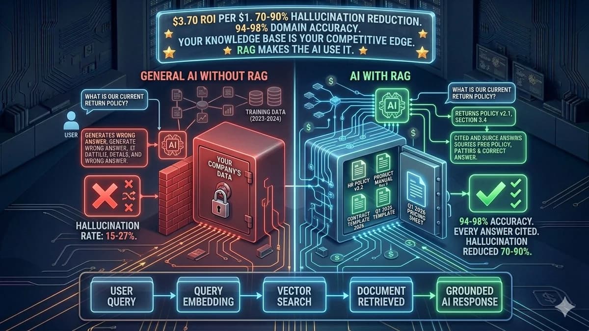 What is a RAG system — Retrieval-Augmented Generation explained: 5-step pipeline, vector databases, embeddings, hallucination reduction, RAG vs fine-tuning, and verified business use cases for connecting AI to your knowledge base in 2026